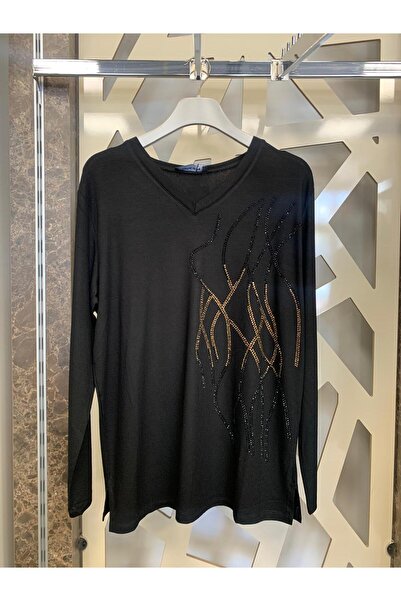 günay boutıque V-Neck Stone Printed Blouse-Black
