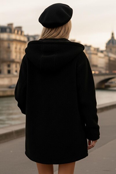 Mossta Soft Textured Hooded Plush Coat – Black