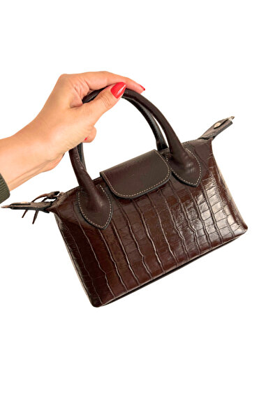 Pinkylola LC MİNİ MODEL kahverengi kroko baskılı & düz çizgi detay Hakiki Deri Askılı & El Çanta