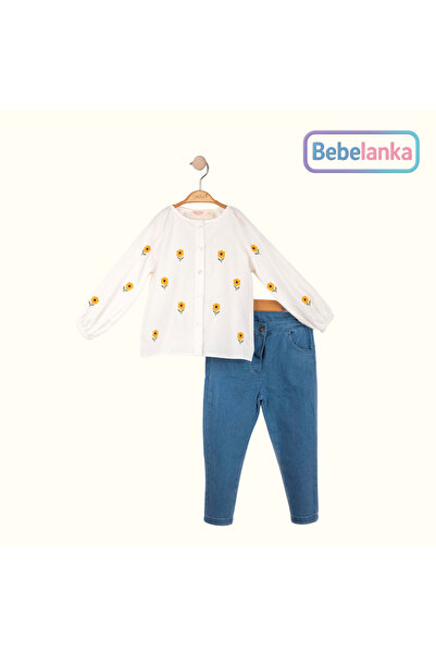 Necix's Girl's Holiday Sunflower Embroidered Buttoned White Shirt and Stretch...