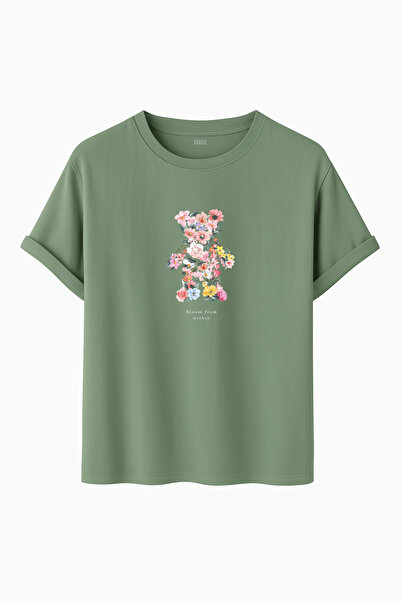 DK DAKSEL Urs cu model de flori cu imprimeu Confortabil basic Model tricou Unisex