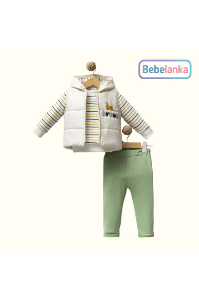 Hippıl Baby Boy's Hooded Inflatable Vest Set Stripes Green Sweatshirt and Pan...