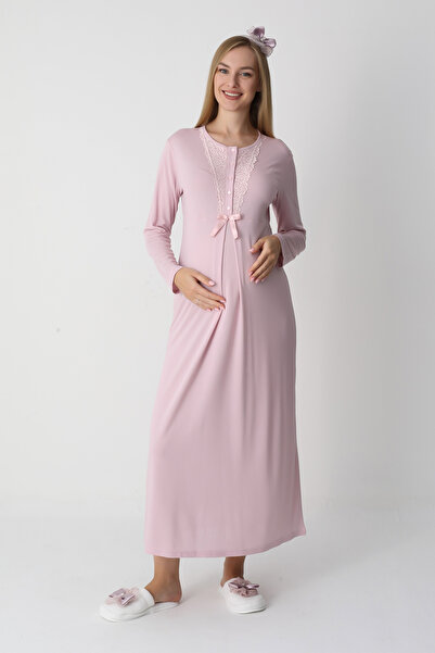 ERDENİZ TEKSTİL Lace Detailed Viscose Fabric Maternity Nightgown and Robe Set of 2 - Includes Slippers and Crown as a Gift