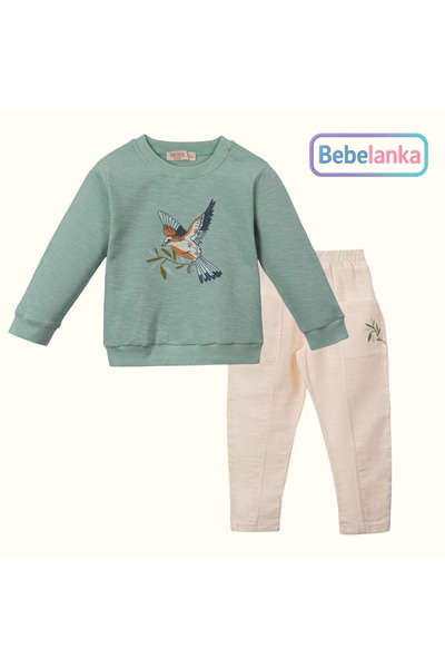 Necix's Girl's Mint Swallow Embroidered Ribbed Crew Neck Sweatshirt & Pants 2...