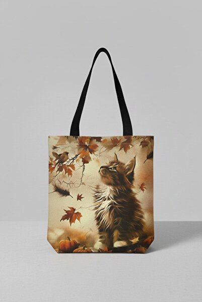 Bagg Canvas Zippered Autumn and Cat Printed Bag