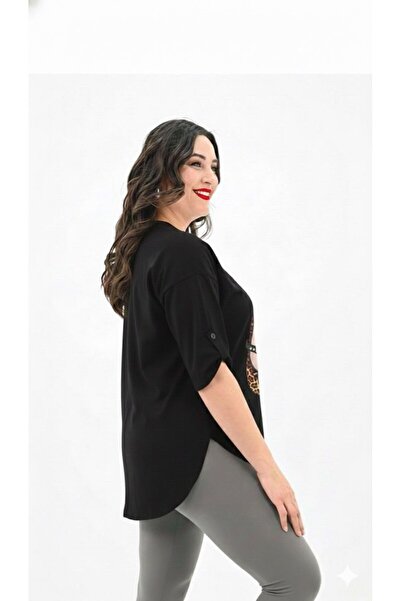 Koza Butik Women's Plus Size Stone Embroidered Print Pattern Oval Cut T-Shirt 1927-25