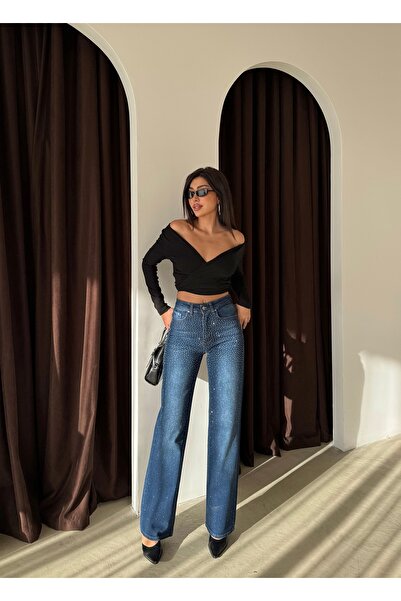 Swet Shop Jeans Blugi Palazzo din Lycra cu talie înaltă, cu model de piatră strălucitoare, cu design special