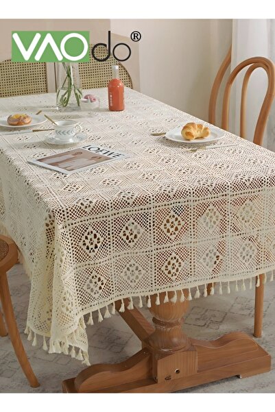 VAODO مفرش طاولة على الطراز الريفي مع شرابة كروشيه مجوفة مناسب لطاولة القهوة وطاولة الطعام وحفلات الزفاف
