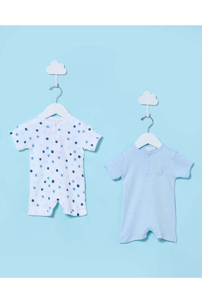 REDTAG Baby Blue And White Printed Romper Set (2 Piece)