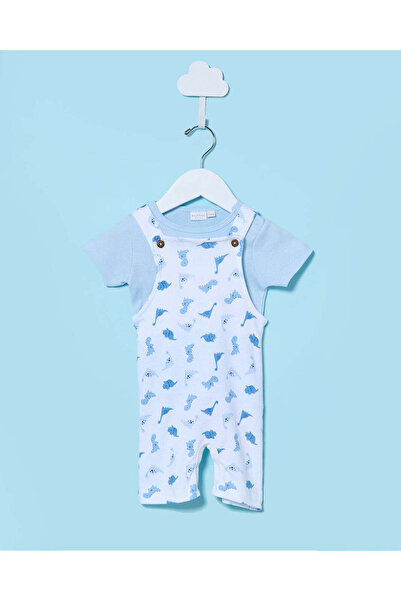 REDTAG Baby Blue And White Printed Dungaree Set (2 Piece)