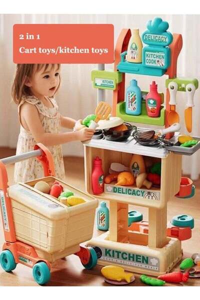 Generic 2 In 1 Supermarket Shopping Cart Toys,Mini Play House Set Simulation Toys with Food and Kitchenware