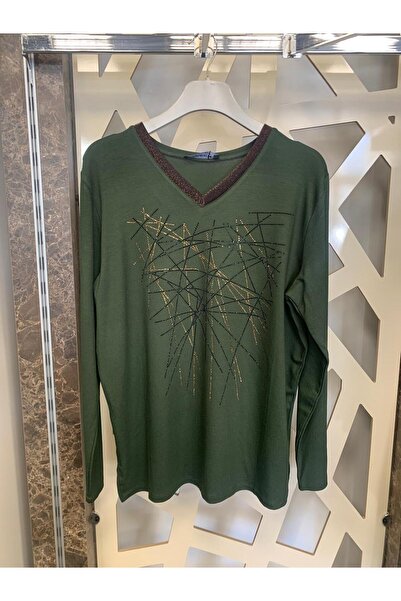 günay boutıque Blouse with Collar Detail and Stones on the Front - Khaki