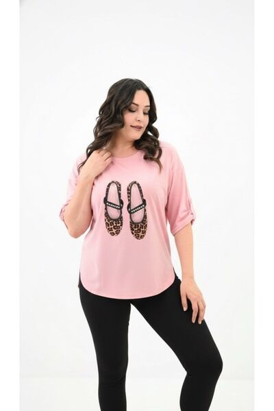 Koza Butik Women's Plus Size Stone Embroidered Print Pattern Oval Cut T-Shirt 1927-25
