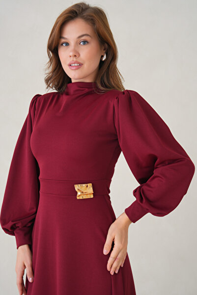 WOMAN VISION Women's Stretchy Crepe Fabric Detachable Gold Brooch Long Sleeve Midi Length Flared Cut Burgundy Dress 77155