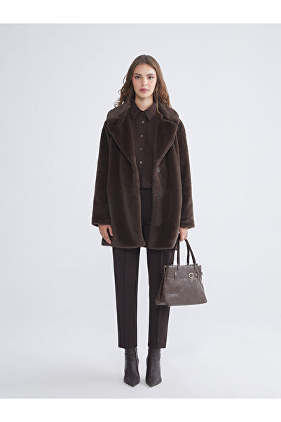 LC Waikiki Γυναικείο γούνινο παλτό με γιακά σε καφέ χρώμα