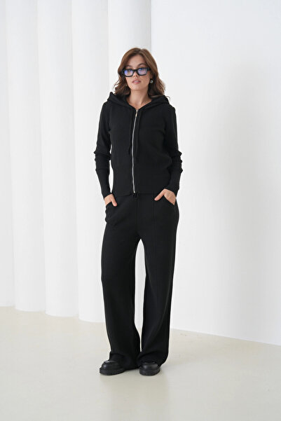 Park Karon Дамски комплект от пуловер с качулка и цип и панталони, плетен, двукомпонентен