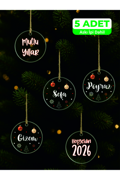 PoyrazReklamTasarım Yılbaşı Süsü, Kişiye Özel Yılbaşı Ağacı İçin Pleksi, İsimli, Christmas (5'li Set)