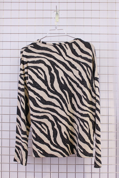 YXL COLLECTION Women's Plus Size Black Ecru Zebra Pattern Crew Neck Long Sleeve Knitted Mom Blouse Sweater