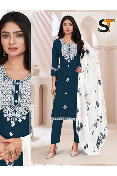 MYSMAR Blue Rayon Cotton Salwar Kameez & Dupatta - PMM16788 | Blue