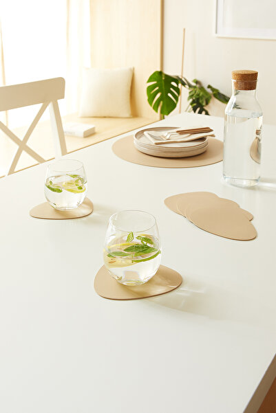 Homewave 6 Adet Bej/Taş Renk Suni Deri Bardak Altlığı 13x11.5