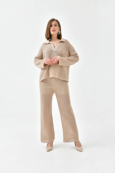 Park Karon Women's Polo Neck Knit Detail Sweater Lined Pants Two-Piece Knitwear Set