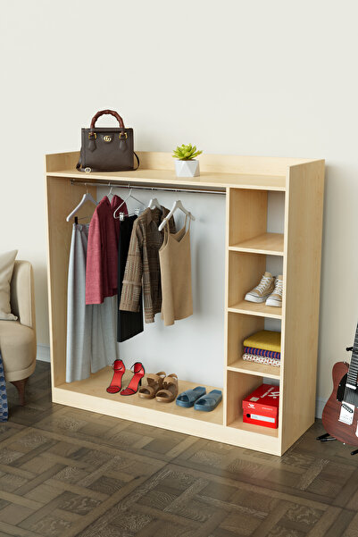 Hediyeler Kapında 4 Rafli Mini Gardırop askılıklı Vestiyer Çok Amaçlı Kapaksız Elbise Dolabı