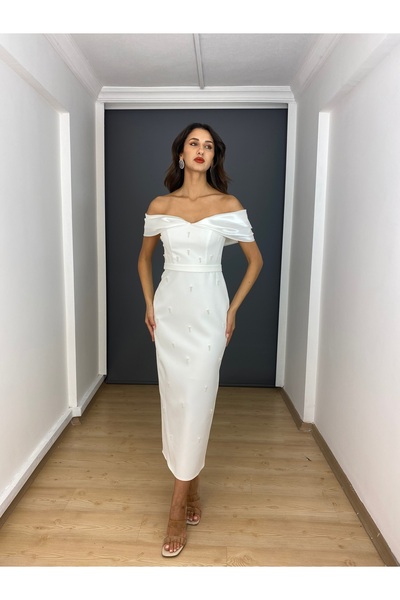 gökkuşagı moda Beyaz Madonna Yaka Ön Boncuk İşli Midi Abiye Elbise
