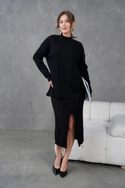 Park Karon Women's Mock Neck Sweater Slit Long Skirt Two-Piece Knitwear Set