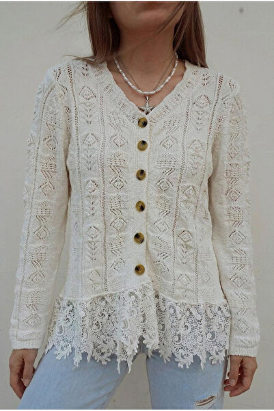 FEMELLE Women's White Hem Lace Knitted Sweater Cardigan