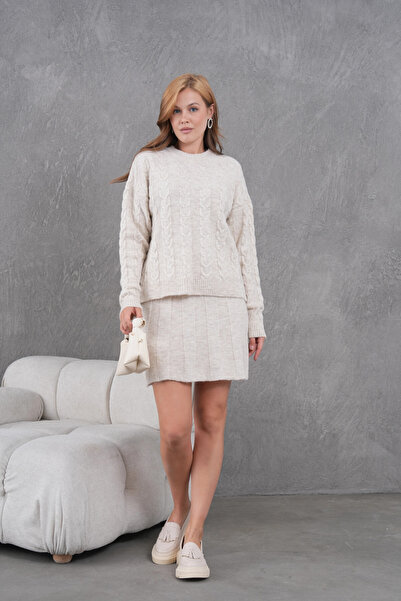 Park Karon Women's Crew Neck Hair Knit Sweater Skirt Two-Piece Knitwear Set