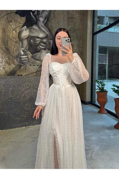 missswans Daliya Dantelli Balon Uzun Kol Korseli Önü Yırtmaçlı Abiye Beyaz