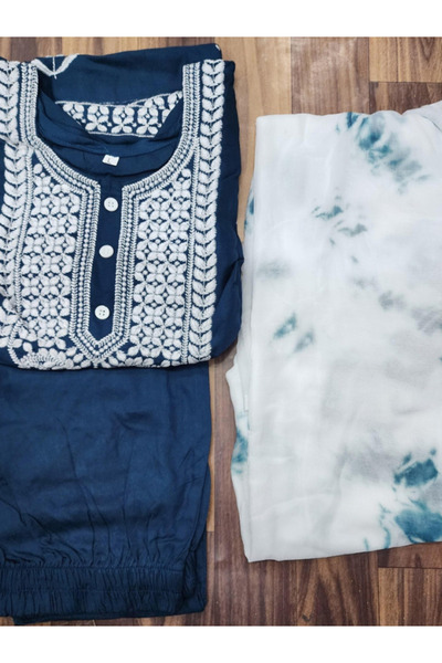 MYSMAR Blue Rayon Cotton Salwar Kameez & Dupatta - PMM16788 | Blue