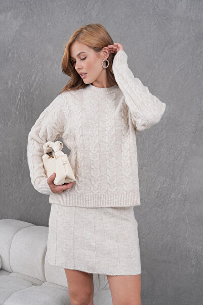 Park Karon Women's Crew Neck Hair Knit Sweater Skirt Two-Piece Knitwear Set