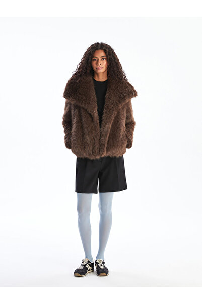 LC Waikiki Γυναικείο βελούδινο παλτό XSIDE καφέ με γιακά