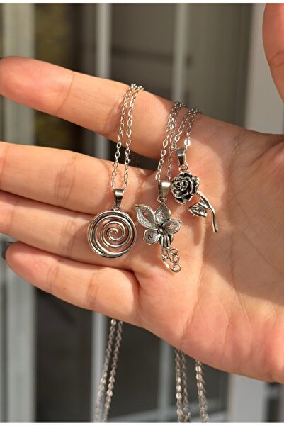 WhimsyWhite 3-Piece Steel Necklace Set, Handmade Flower Rose, Spiral Steel Ne...