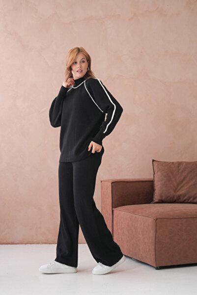 Park Karon Women's Mock Neck Half Placket Zipper Slit Sweater Pants Two-Piece Knitwear Set