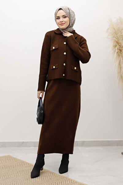 Tesettür Dünyası Ornamental Pocketed Knitwear Cardigan Tsd250243 Brown