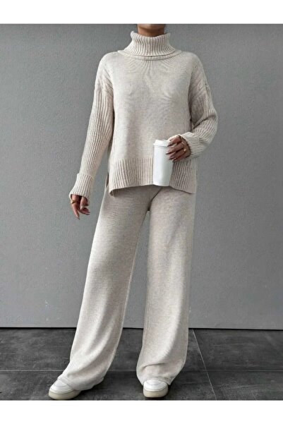 NEWCO Жіночий комплект з трикотажу з філігранним коміром, візерунком у вигляді косичок і розрізами з боків, антрацитовий