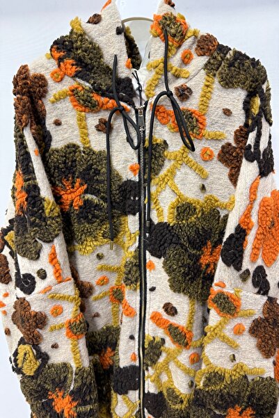 della moor Women's Beige Italian Plus Size Wool Long Felt Coat Floral Embossed Zippered K Hooded 40-52 Size