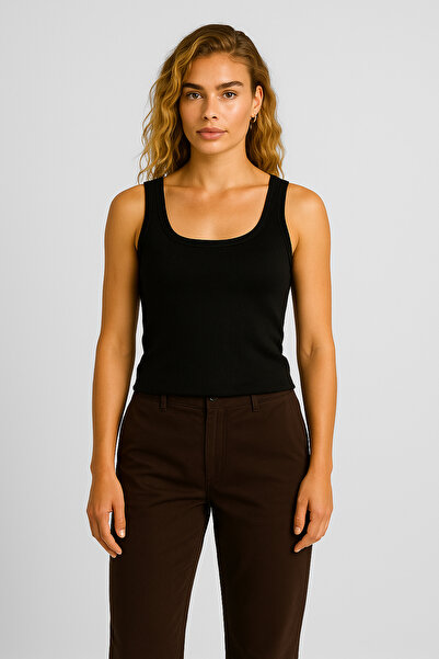 VENA Women's Corded Fabric Thick Strap Top - Black