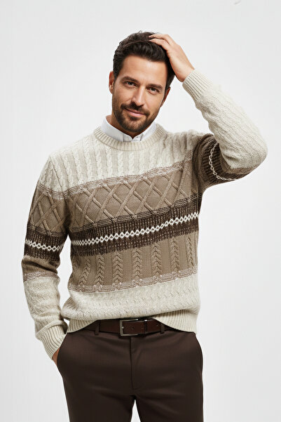 Pulltonic Erkek Bisiklet Yaka Desenli Kalın Triko Kazak
