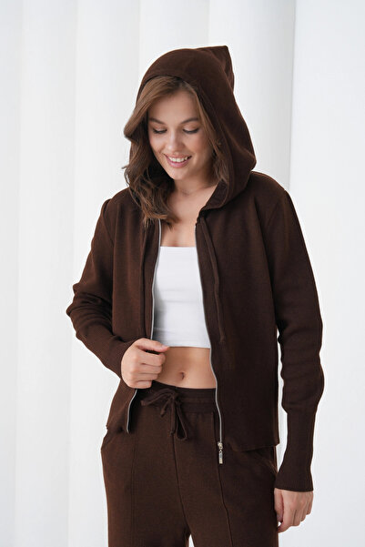 Park Karon Дамски комплект от пуловер с качулка и цип и панталони, плетен, двукомпонентен