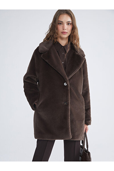 LC Waikiki Γυναικείο γούνινο παλτό με γιακά σε καφέ χρώμα