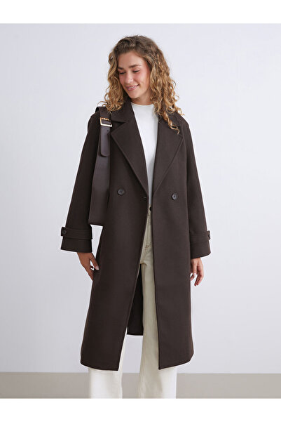 LC Waikiki Modest Brown Double-Breasted Collar Women's Cashmere Coat