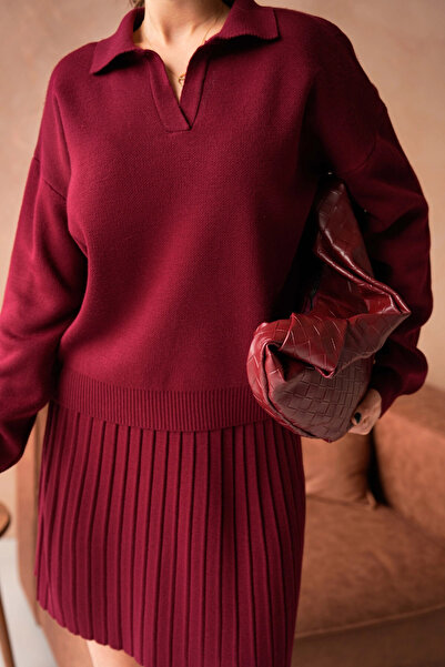 Park Karon Women's Polo Neck Low Sleeve Sweater Short Skirt Two-Piece Knitwear Set