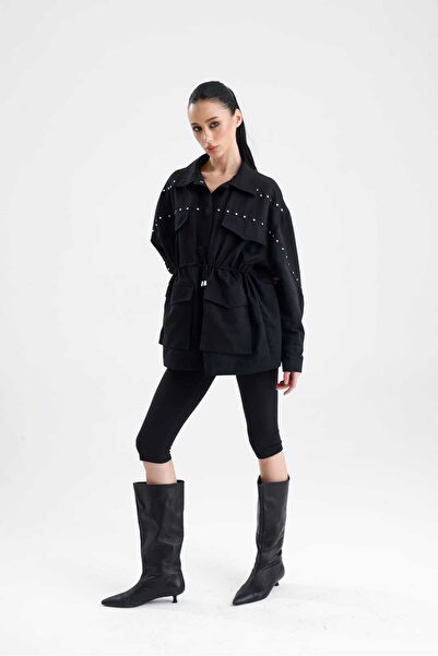 GACA COLLECTION PATARA Zımba İşlemeli Bel Büzgülü Kısa Trençkot