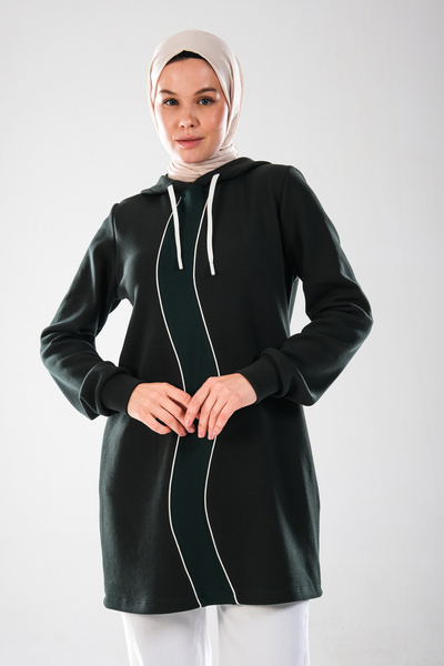 Plistre 2298_Γυναικείο με κουκούλα Ενδιάμεσο διακοσμητικό ρέλι Βαμβακερό ελαστικό μακρυμάνικο μακρύ φούτερ – Πικέ Τεσσέτουρ Αθλητικό Τούνικ