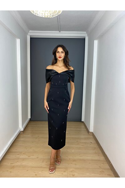 gökkuşagı moda Siyah Madonna Yaka Ön Boncuk İşli Midi Abiye Elbise