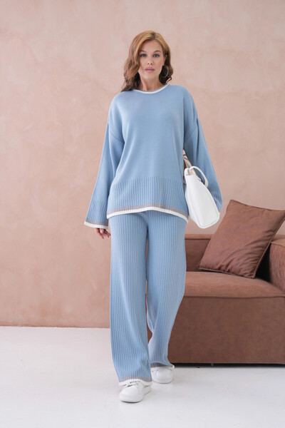 Park Karon طقم تريكو نسائي مكون من سترة وبنطلون بياقة دائرية وأكمام منخفضة