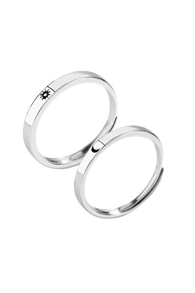 Hilosh مجموعة خواتم زوجية فضية اللون قابلة للتعديل للجنسين مع تصميم القمر والشمس